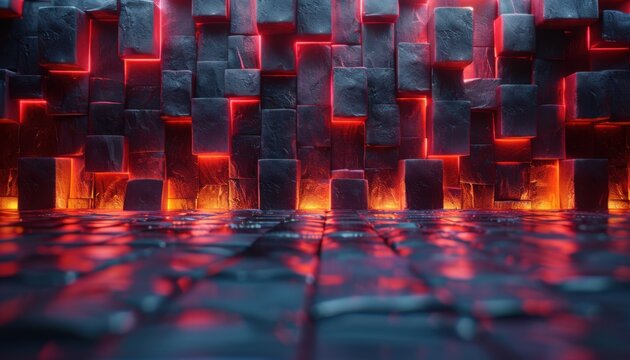 A wall of red and black blocks with a red flame on the left side