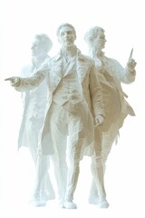 Three white, fragmented, figures gesture.