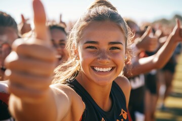 Young athlete celebrates with friends at a sunny sports event while giving a thumbs up