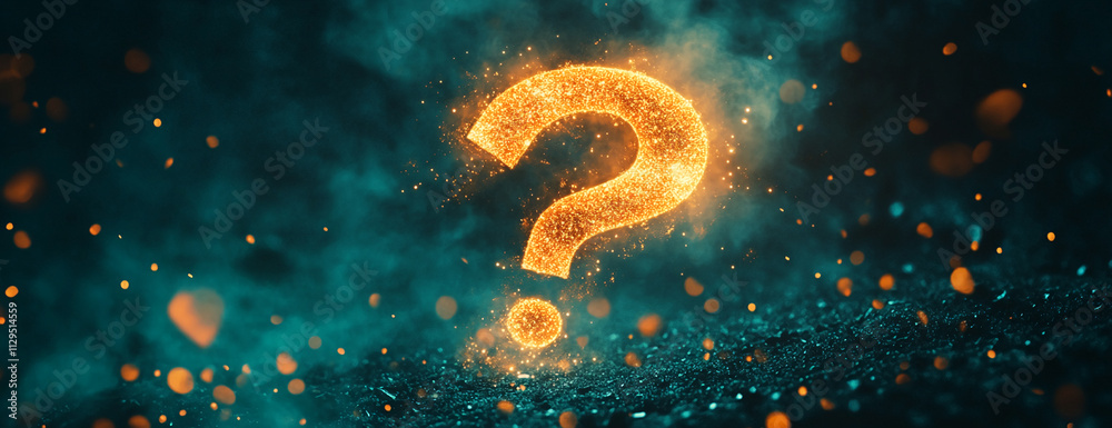 Poster glowing golden question mark illuminated against a dark blue background creates a mysterious atmosph