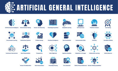 Artificial General Intelligence Icon Set – Professional Visuals Representing Key Concepts in AI Ethics, Decision-Making, Learning, and Collaboration