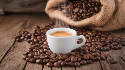 Espresso Perfection: A steaming cup of espresso sits nestled amidst a rich scattering of roasted coffee beans, with a burlap sack overflowing with more beans in the background.