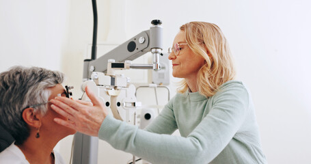 Eye exam, consulting and lens with old woman in clinic for optometrist, healthcare and vision. Medical, ophthalmologist and glasses with patient and tools for retina, visual test and assessment