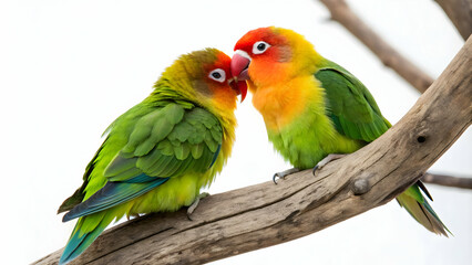 Fototapeta premium Pair of Lovebirds on a Natural Wooden Perch - Vibrant Wildlife Scene