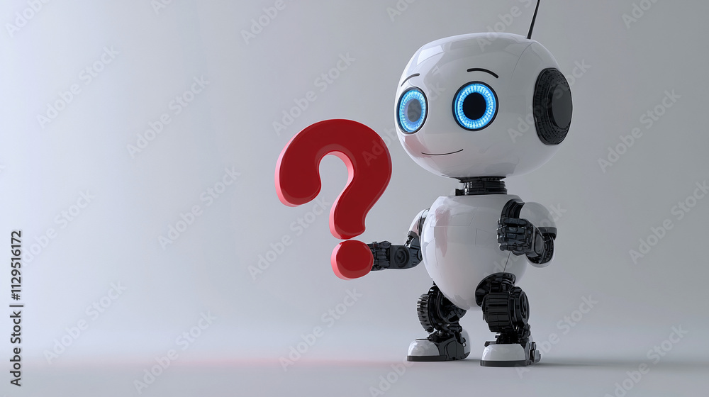 Poster Robot holding a red question mark in a minimalistic setting with bright lighting
