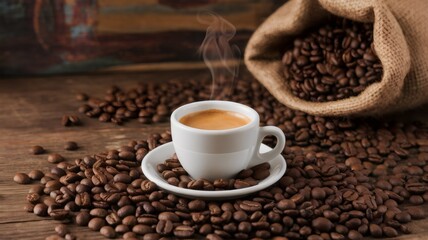 Fototapeta premium Espresso Shot of Delight: Aromatic coffee beans surround a steaming espresso cup, promising a rich and invigorating experience. The burlap sack adds a rustic charm.