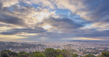 City skyline is visible in the distance, with a cloudy sky above