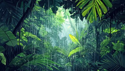 Fototapeta premium Lush green jungle scene with dense foliage and rain falling softly, creating a serene and refreshing atmosphere.