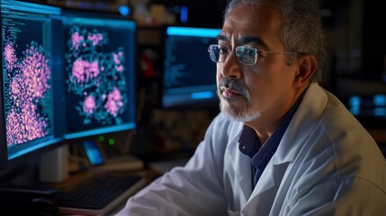 Male scientist analyzing complex data on multiple screens in a modern laboratory environment while wearing a white lab coat with a focused expression.