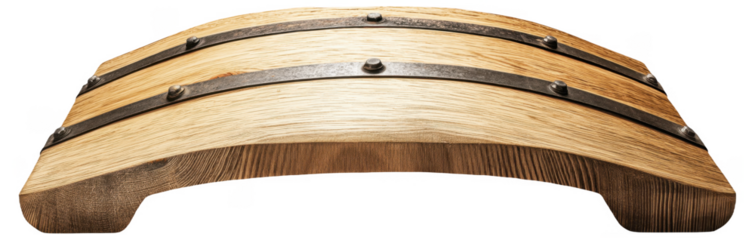 Curved wooden footbridge with metal bands