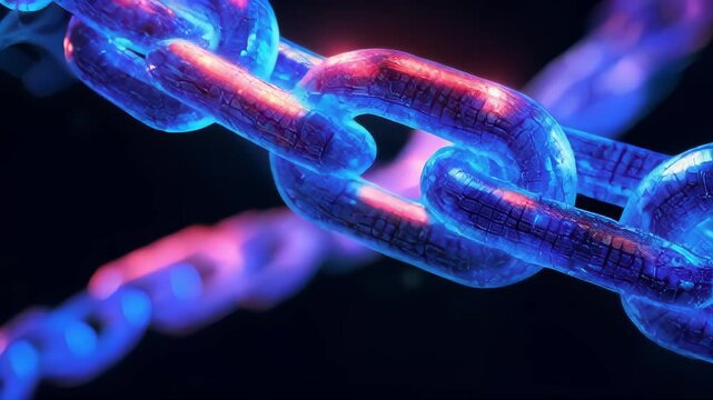 Glowing neon chain links in vibrant blue and pink hues create a futuristic, abstract visual. Ideal for technology, cybersecurity, and connection themes.. AI Generation