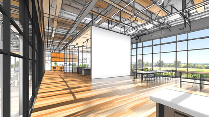 Modern Office Design Sketch  Open Plan  Wood Floor  Large Windows  Rural View