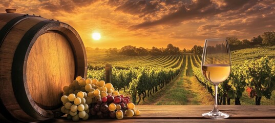 Wine bottle, glass, and vineyard at sunset with a wine barrel on a wooden table background Italian winery landscape with grapes and red and white wine bottles Generative AI