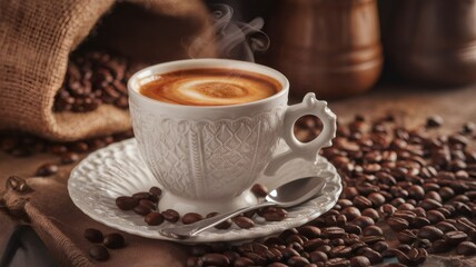Aromatic Coffee Indulgence: A steaming cup of coffee, nestled in a delicate porcelain cup, sits amidst a scattering of roasted coffee beans.  The warm.