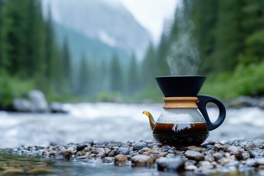 outdoor coffee scene, making coffee outside with a pour-over set on rocks by a river, surrounded by tall pine trees and natural light