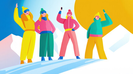 Fototapeta premium Illustration of friends skier standing full length in colorful clothes, smiling and taking a selfie against a backdrop of snowy mountains under bright sunlight.