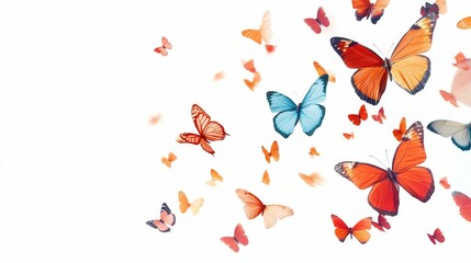Colorful butterflies flutter, white background.