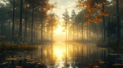 Obraz premium Tranquil Autumn Landscape at Sunrise with Reflections on Still Water Surrounded by Majestic Trees and Soft Mist in a Serene Forest Setting
