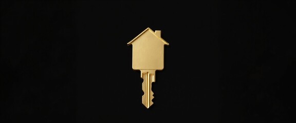 Golden House-Shaped Key Symbolizing Home Ownership Against Black Background with Copy Space