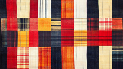 Colorful Patchwork Fabric Texture  Red  Orange  Beige  Plaid  Textile Background