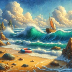 Sailboat and big waves and beach with rocks