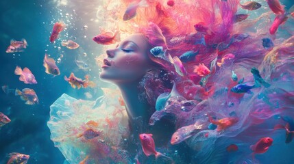 A woman with flowing, vibrant hair submerged in water, surrounded by a swirl of colorful fish in an enchanting, dreamlike underwater setting. Generative AI