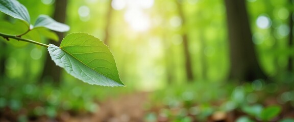 Obraz premium Fresh Green Leaf Shimmering in Sunlight Against Blurred Forest Background with Copy Space