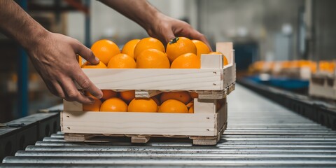 Hands place crate of fresh oranges on conveyor in factory setting.