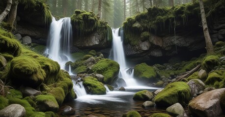 Powerful waterfall surrounded by tall trees and moss-covered rocks in Bayerischer Wald Nationalpark, natural, travel, Bavarian Forest, woods, peaceful