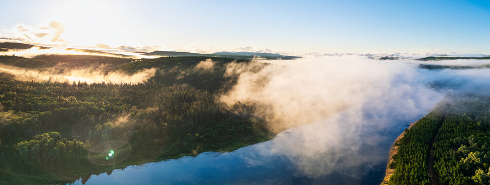View from the drone in summer at lac Taureau regional park, Quebec, Canada. Aerial view of Taureau Resort. Tent camping on the beach. Best camping sites available for canoe and fishing. 