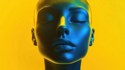 A striking mannequin's head displays a calm expression, illuminated by vivid blue and yellow colors, creating a compelling visual contrast. Generative AI