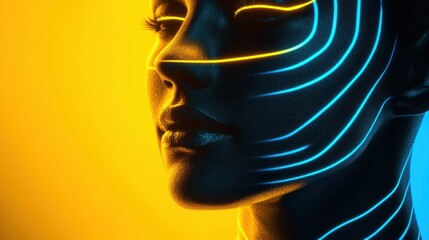 A striking representation of a woman's face illuminated with bright neon lines against a colorful background, highlighting creativity and artistry. Generative AI