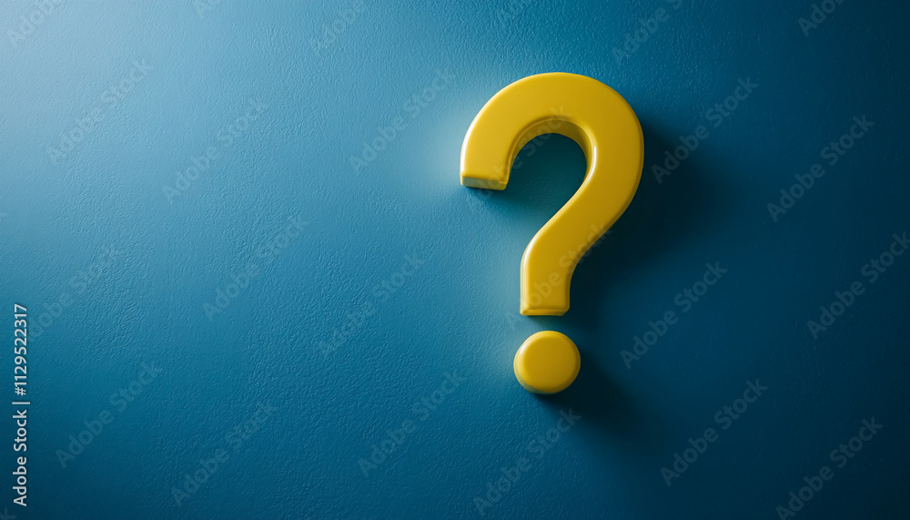 Poster bright yellow question mark against a vivid blue background inviting curiosity and exploration in a 
