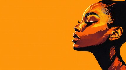 A woman’s profile is illustrated in bold orange hues, highlighting her facial features with an emphasis on elegance and strength, set against a vivid backdrop. Generative AI