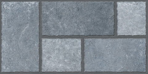 Block paving stones, random parking and outdoor floor tile design. Natural stone brick wall cladding. Exterior and interior design concept. Grouted carved stone texture.