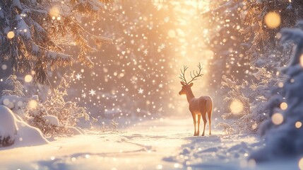 Majestic deer in a snow-covered winter forest at sunrise.