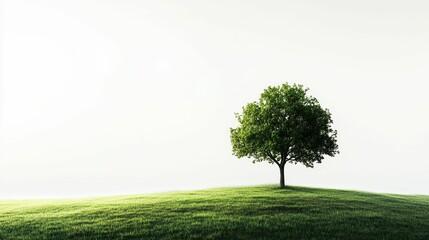 Fototapeta premium Green tree stands alone on grassy hilltop.