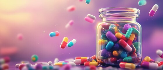 Cartoon-Style Pill Jar Bursting Colors