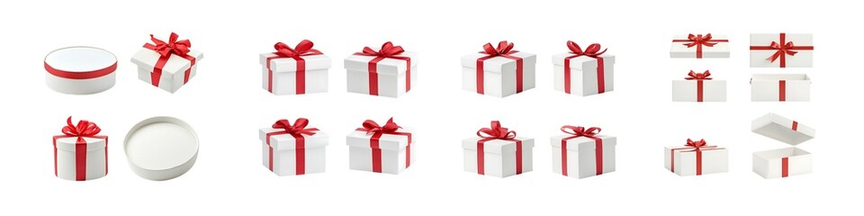 Obraz premium Set of White Gift Boxes with Red Ribbons on transparent background