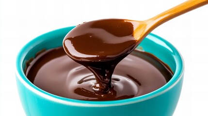 Rich dark chocolate sauce drizzled from a wooden spoon into a turquoise bowl, creating a playful and indulgent mood.