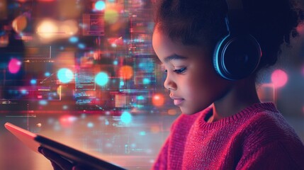 A child is focused on a tablet, wearing headphones, surrounded by a vibrant digital backdrop of lights and abstract shapes, emphasizing her concentration. Generative AI