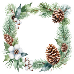 Fototapeta premium Merry Christmas watercolour decor greetings Happy New Year wishes and Xmas elegant Christmas card, with fir branches, pine cone, cotton, leaves, Botanical winter greenery holiday illustration white.