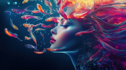 A woman with strikingly vivid hair interacts with colorful fish in an enchanting underwater atmosphere, creating a dreamlike connection with nature. Generative AI