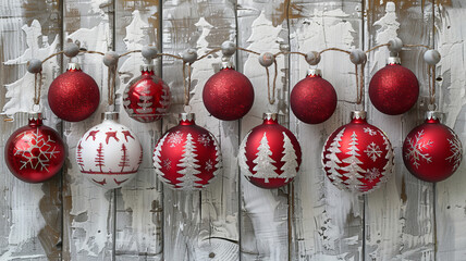 Decorative red ornaments hang on a rustic wooden backdrop, featuring intricate white patterns like snowflakes and trees. The festive arrangement evokes a warm holiday spirit.