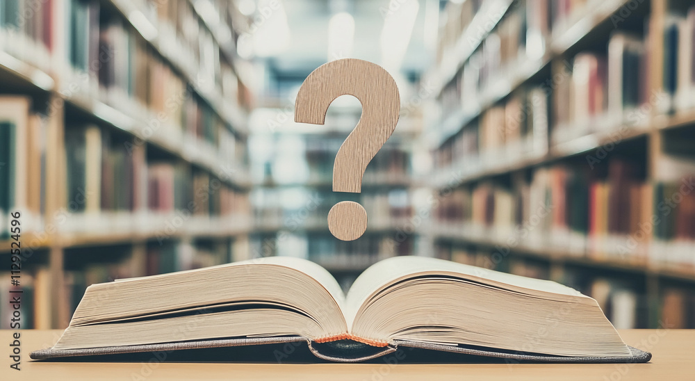 Aufkleber open book with a question mark in a library setting invites curiosity and contemplation about knowle
