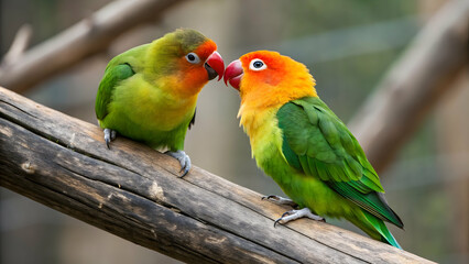 Romantic Lovebirds Kissing on a Rustic Branch at Sunset