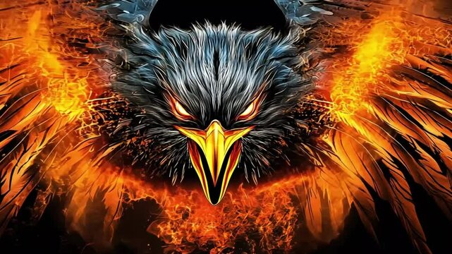 The mythical creature, a symbol of power and strength, dominates the scene with its wings spread wide, each feather flickering with the intensity of the elemental flames that surround it
