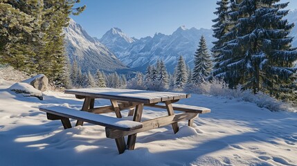Wooden picnic table covered in fresh snow amidst a scenic alpine forest and majestic mountains. Concept of winter tranquility and outdoor exploration.
