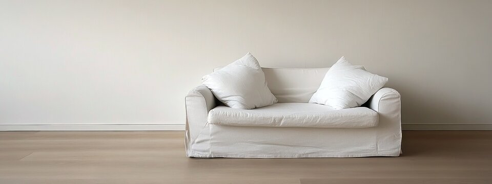 Un canap&eacute; blanc avec coussins et housse sur un parquet en bois clair devant un mur vide, cr&eacute;ant une ambiance de salon simple et &eacute;l&eacute;gant.