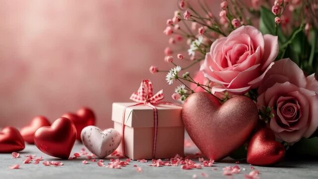 A pink box with a red ribbon sits on a table with a bunch of red roses and hearts. Concept of love and affection, as the roses and hearts are often associated with romantic gestures